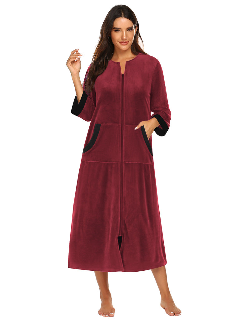 Velour Zipper Robe 3/4 Sleeves Housecoat with Pockets