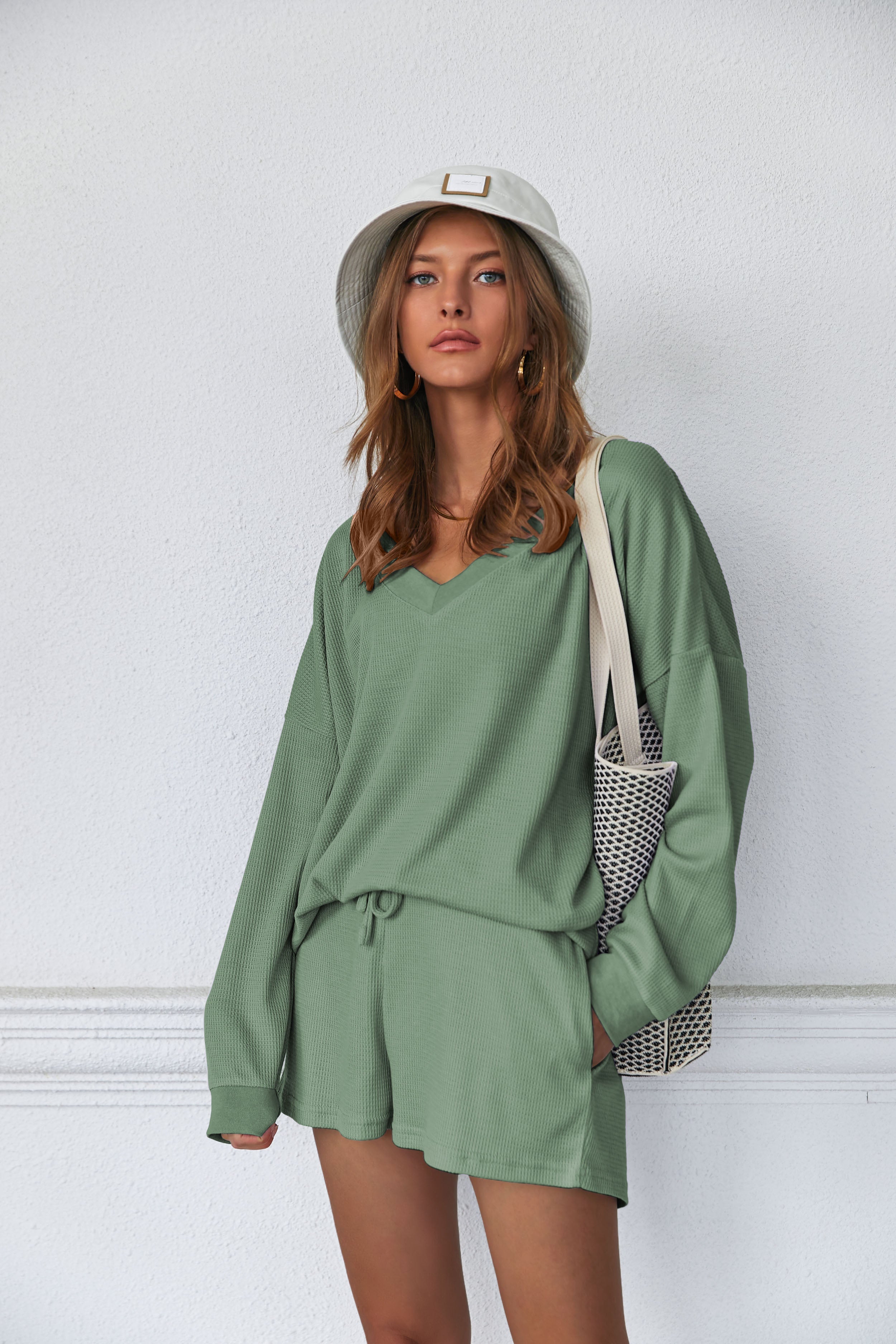 Pajama Set Waffle Knit Lounge Set V Neck Off Shoulder Sleepwear (US Only)