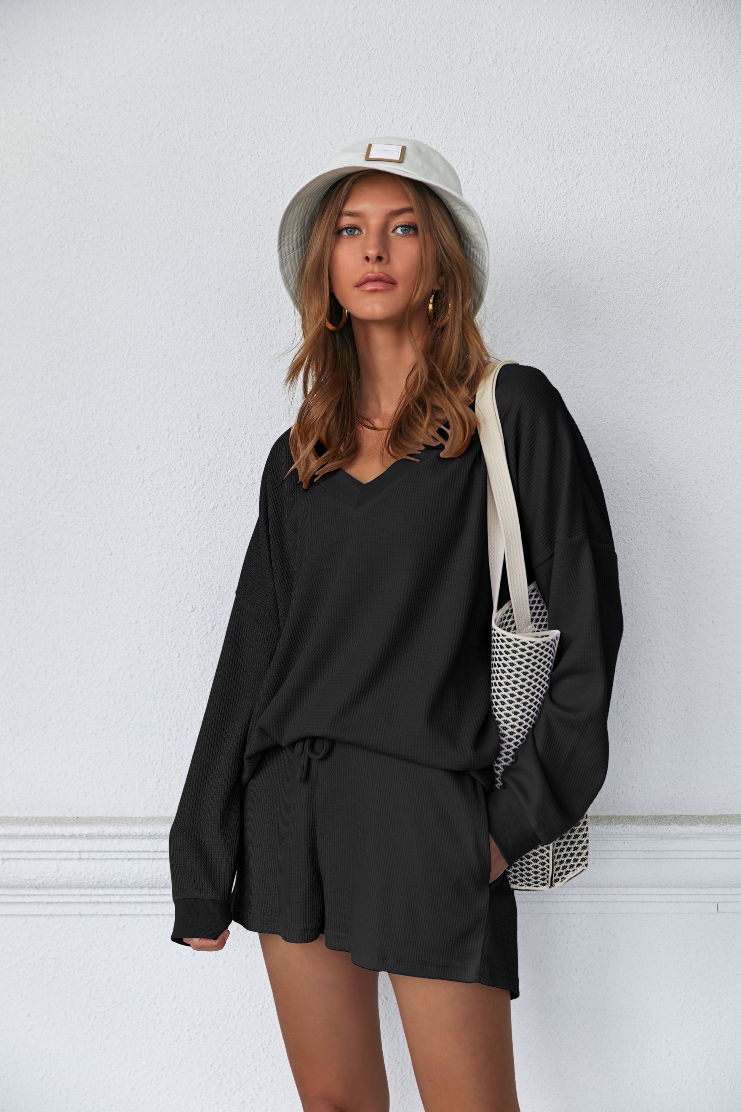 Pajama Set Waffle Knit Lounge Set V Neck Off Shoulder Sleepwear (US Only)