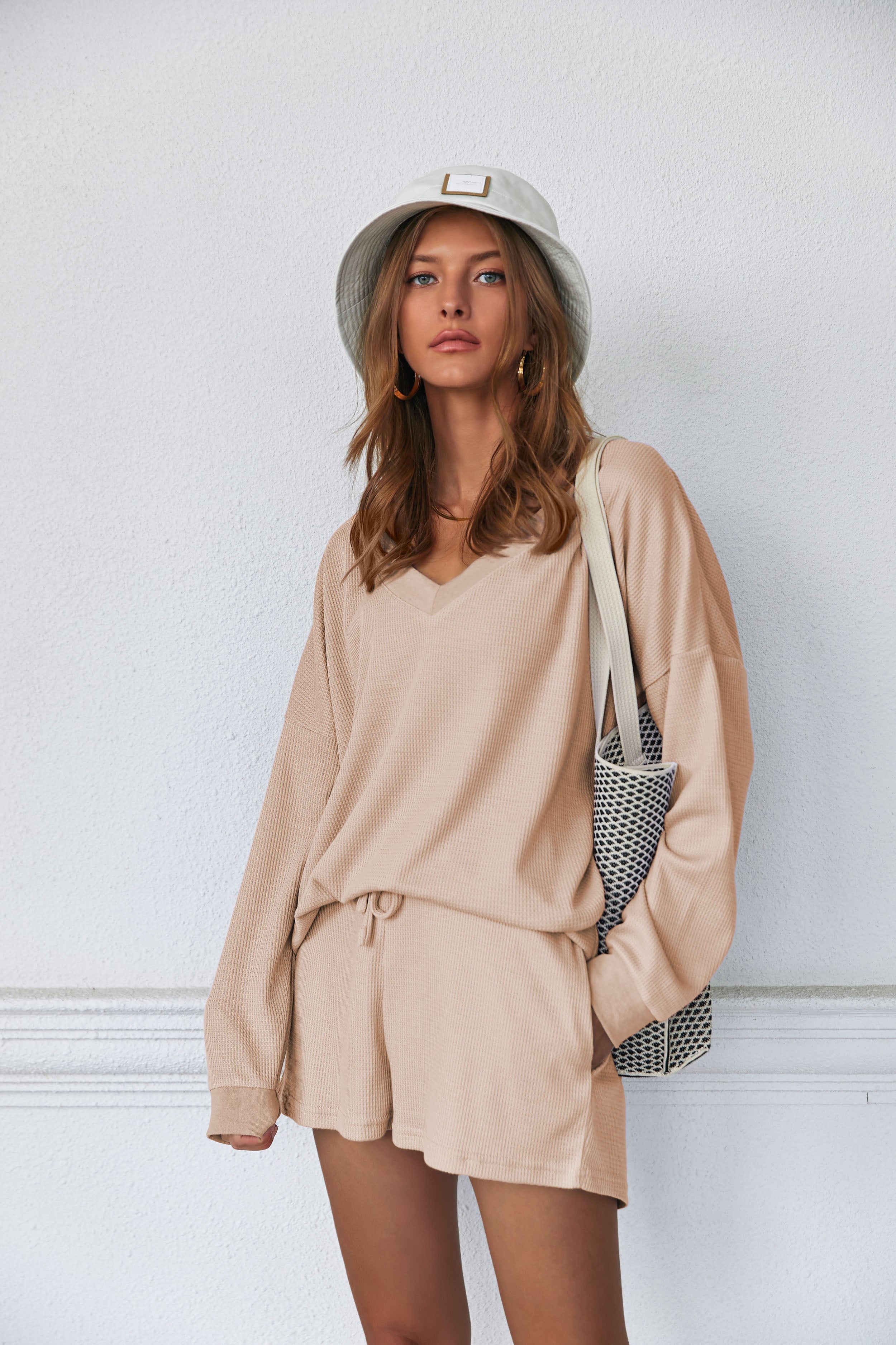 Pajama Set Waffle Knit Lounge Set V Neck Off Shoulder Sleepwear (US Only)
