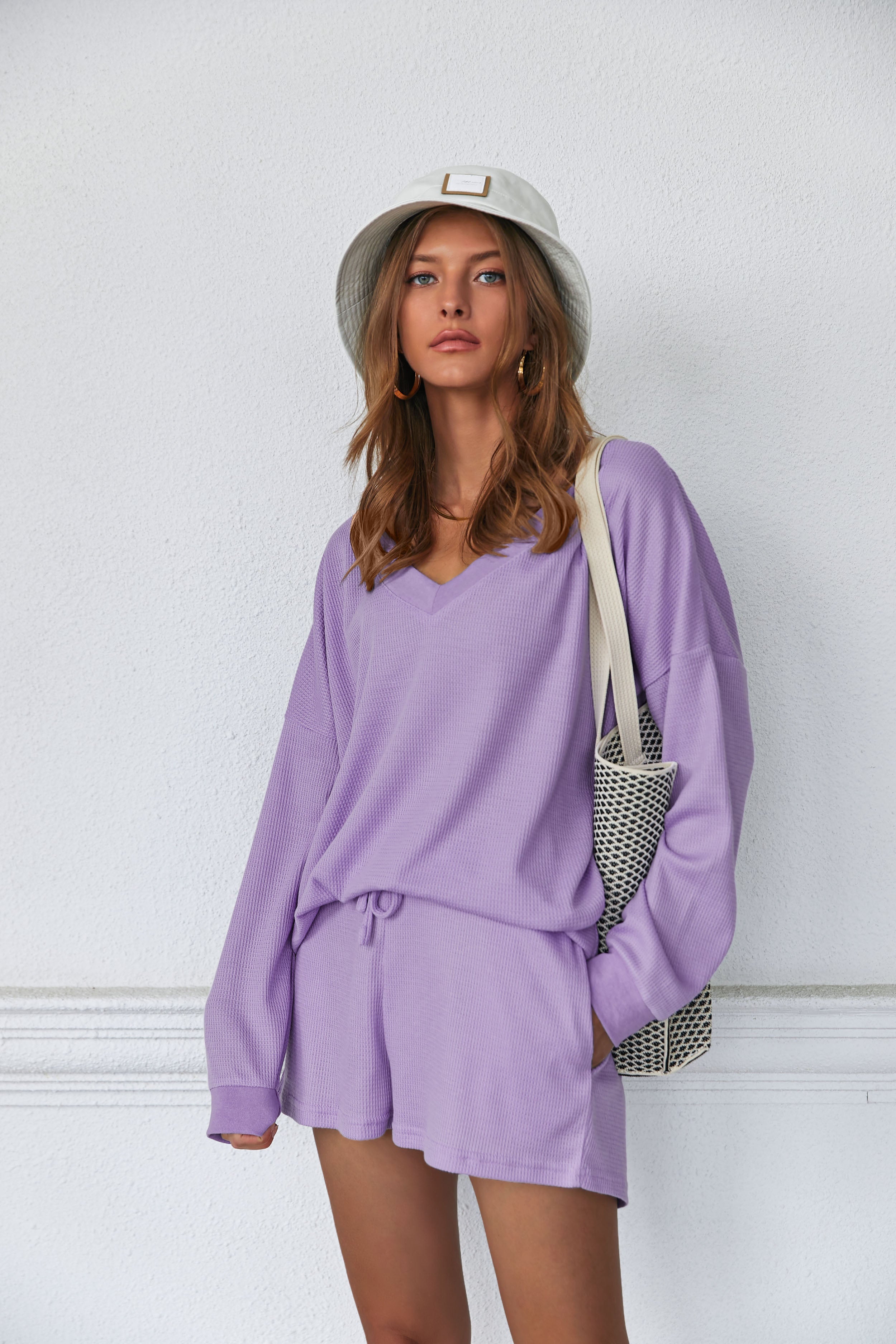 Pajama Set Waffle Knit Lounge Set V Neck Off Shoulder Sleepwear (US Only)