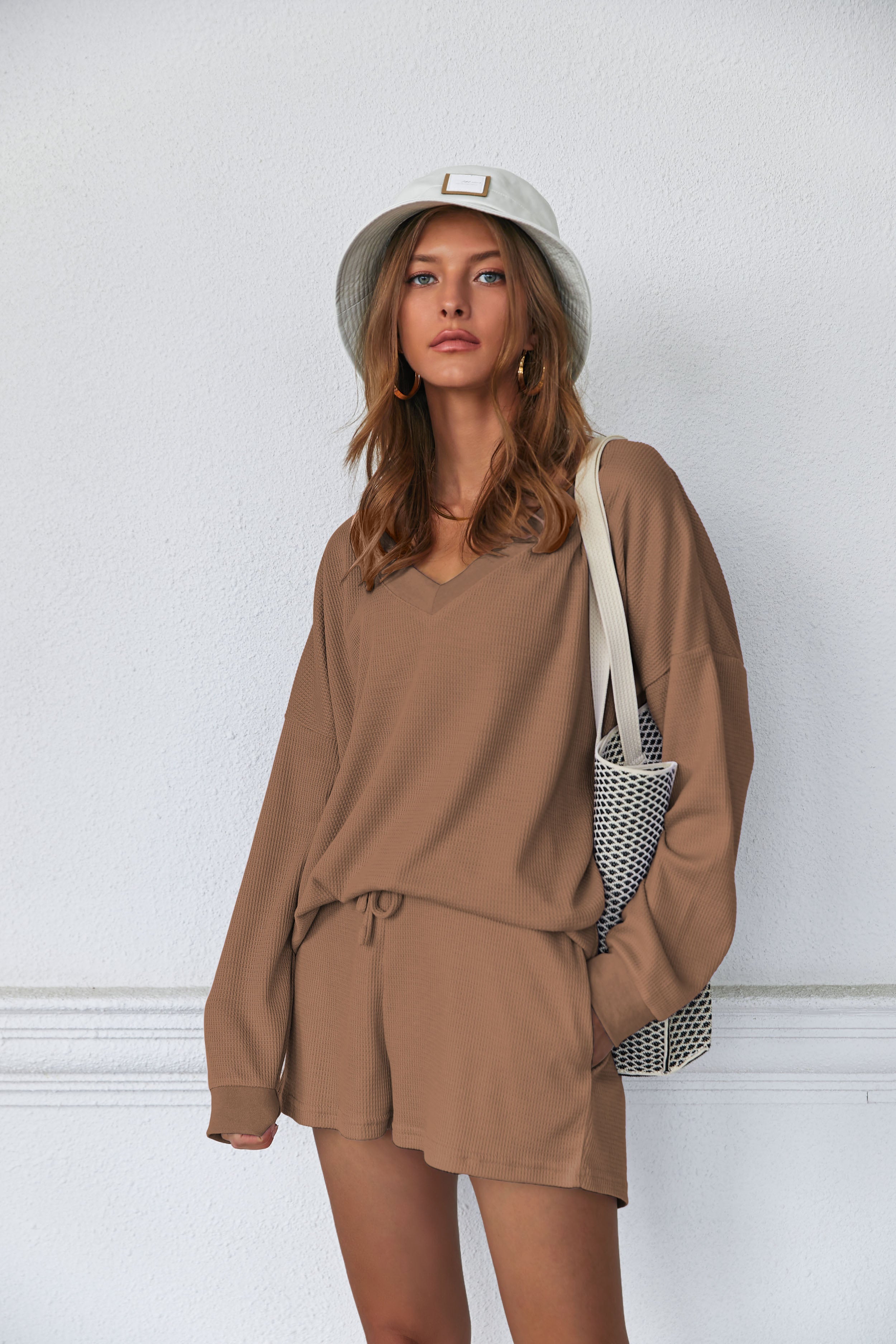 Pajama Set Waffle Knit Lounge Set V Neck Off Shoulder Sleepwear (US Only)