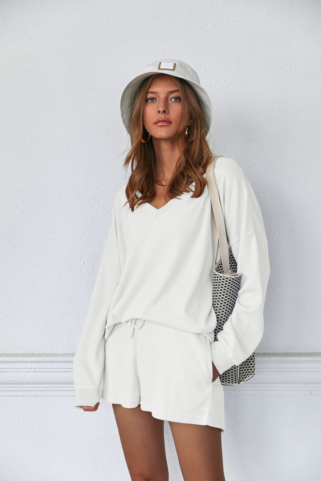 Pajama Set Waffle Knit Lounge Set V Neck Off Shoulder Sleepwear (US Only)