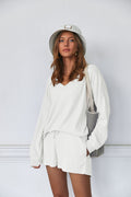 Pajama Set Waffle Knit Lounge Set V Neck Off Shoulder Sleepwear (US Only)