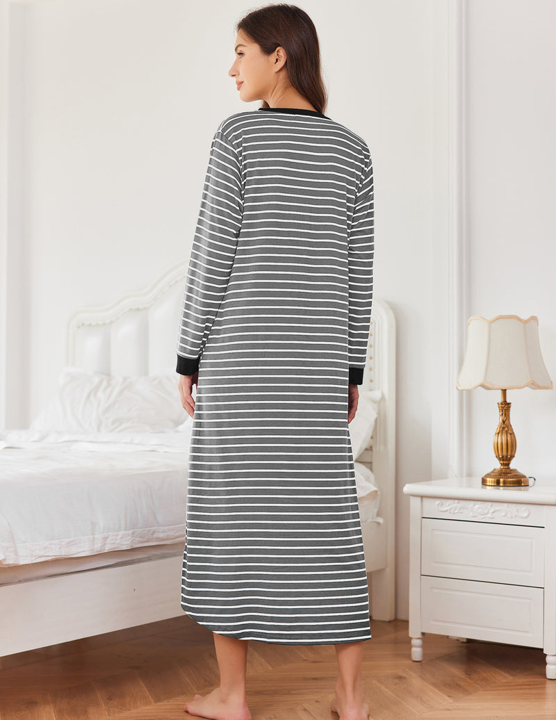 Button  v neck Full Length Sleepshirt Nightgown with Pockets