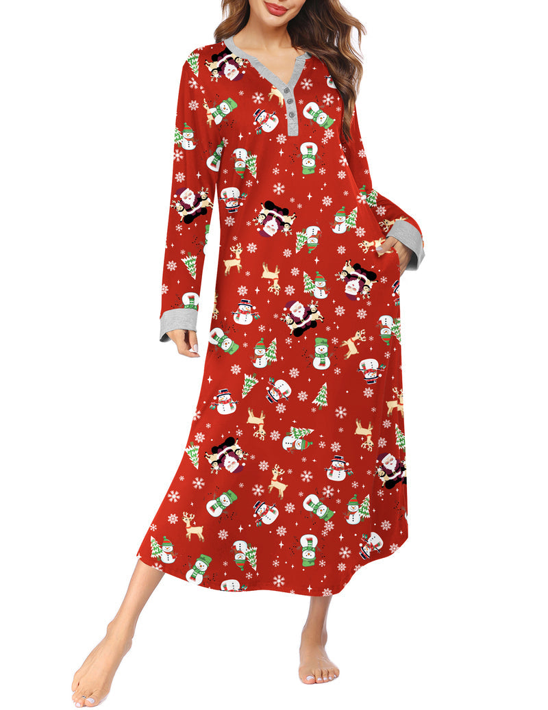Button V Neck Nightshirt Full Length Sleepshirt with Pockets