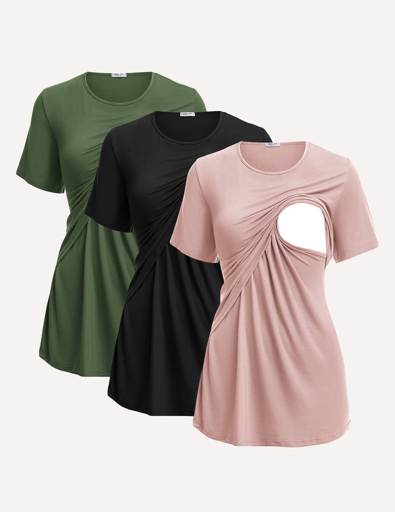 3 Pack Short Sleeve Nursing Shirts Soft Maternity Tops