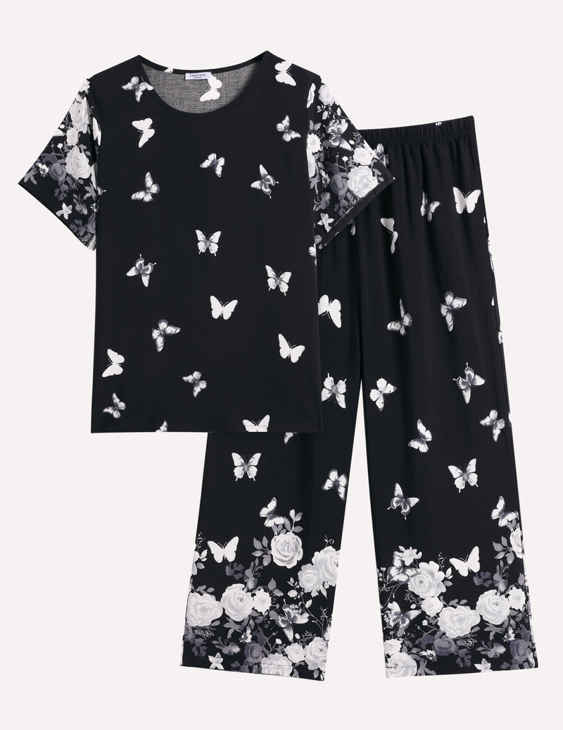 Short Sleeve Capri Pyjamas Set With Pockets