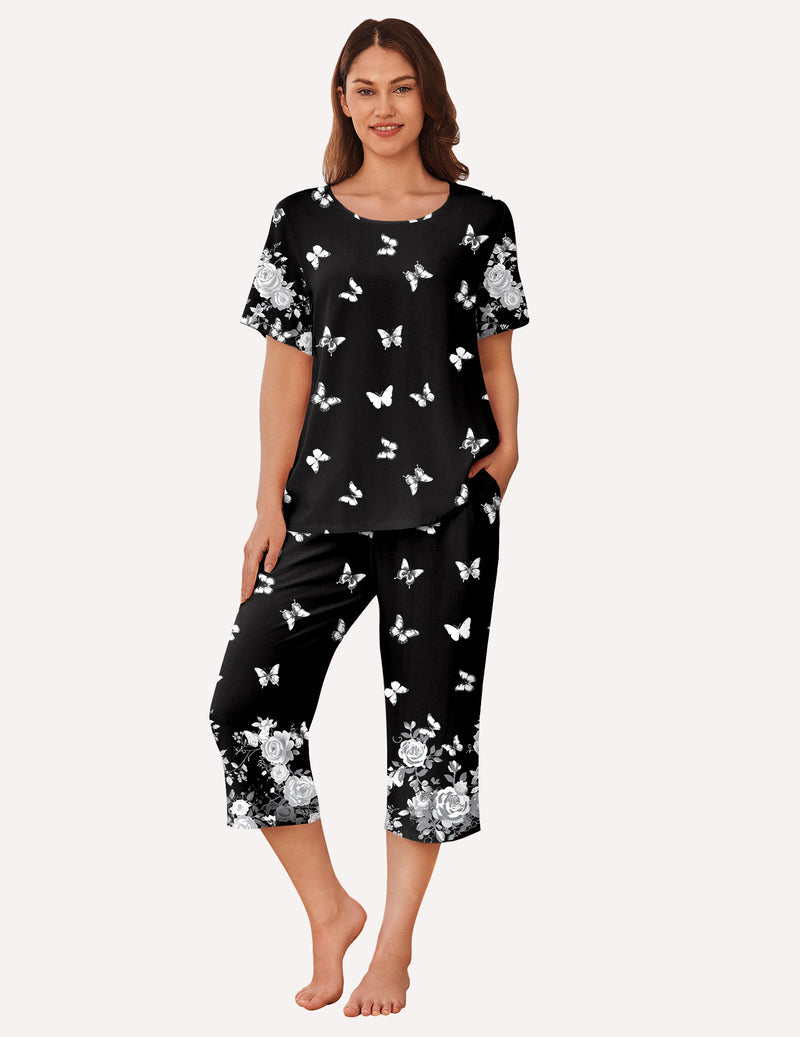 Short Sleeve Capri Pyjamas Set With Pockets