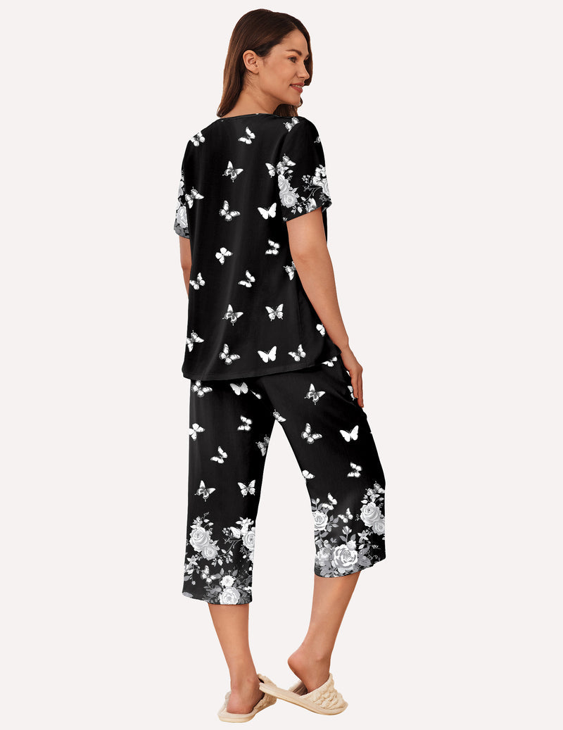 Short Sleeve Capri Pyjamas Set With Pockets