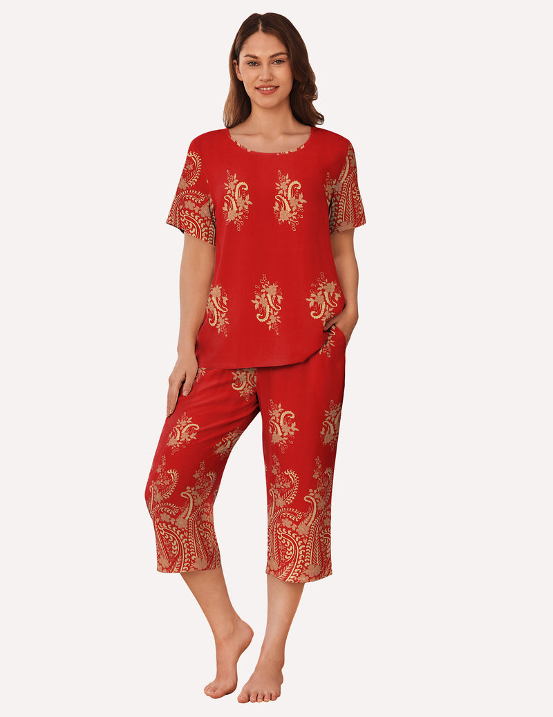 Short Sleeve Capri Pyjamas Set With Pockets