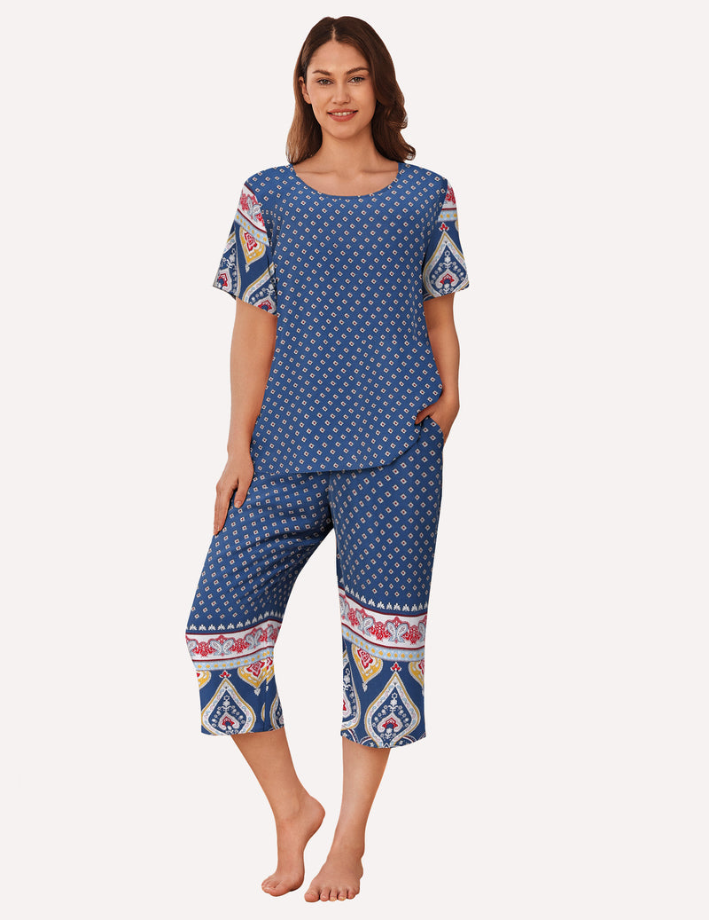 Short Sleeve Capri Pyjamas Set With Pockets
