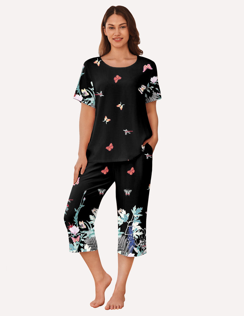 Short Sleeve Capri Pyjamas Set With Pockets