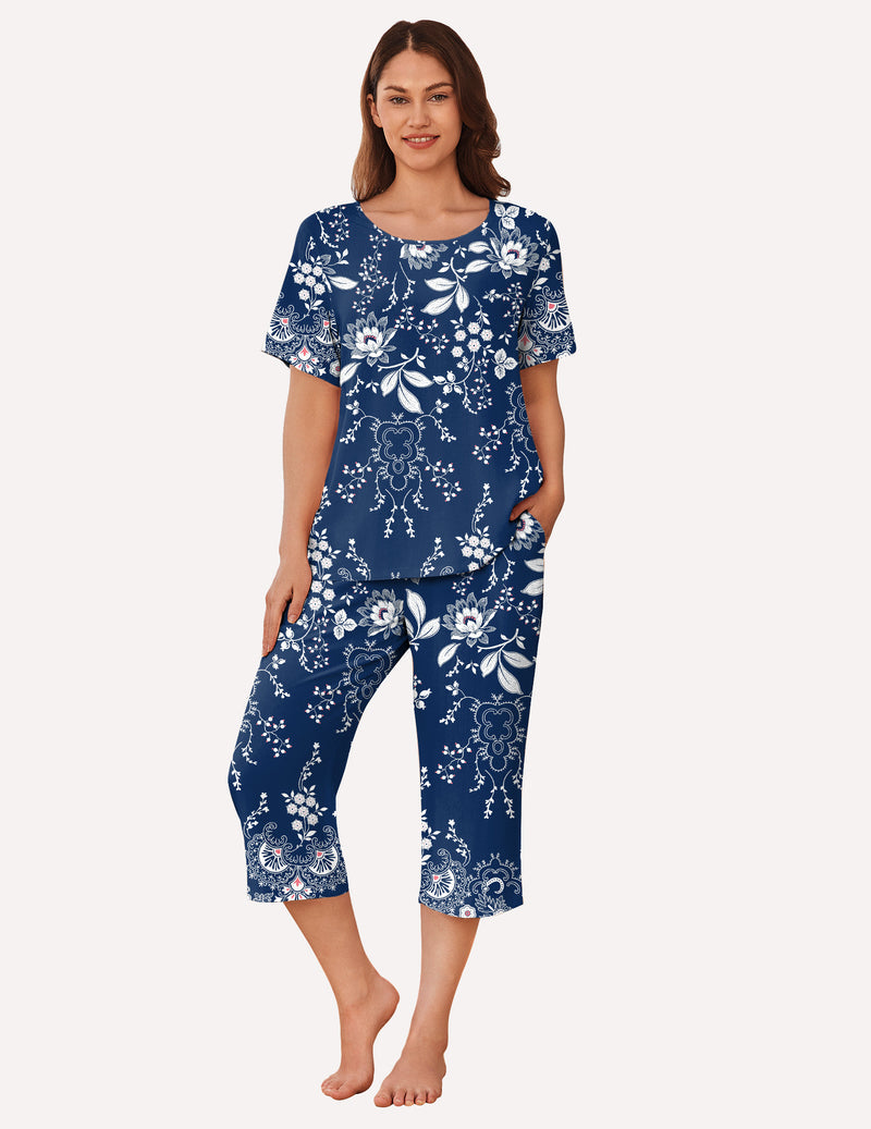 Short Sleeve Capri Pyjamas Set With Pockets