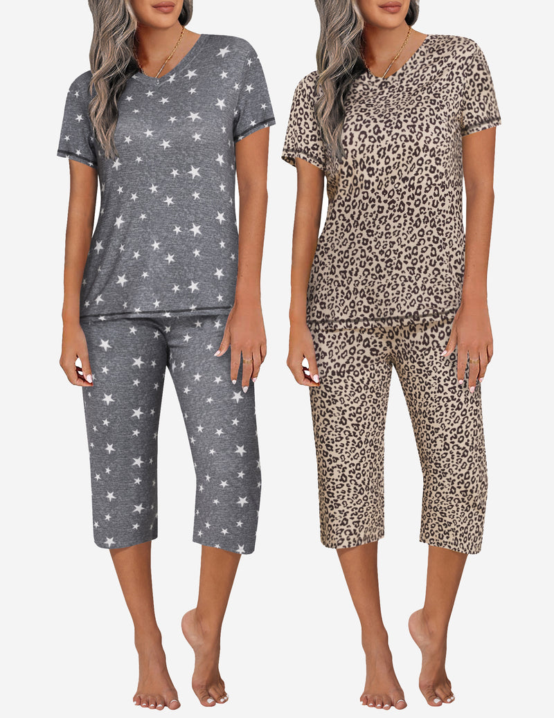 2 Pack Pajama Sets Tops & Capri Pants Lounge Sets