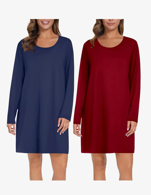 2 Pack Long Sleeve Sleep Shirts Soft Night Gowns Dress