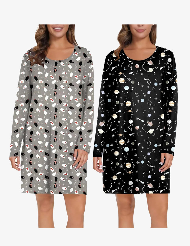 2 Pack Long Sleeve Sleep Shirts Soft Night Gowns Dress