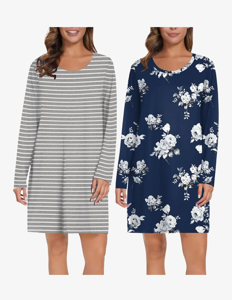 2 Pack Long Sleeve Sleep Shirts Soft Night Gowns Dress