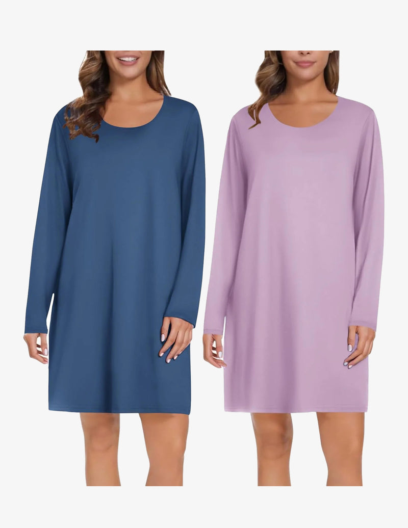2 Pack Long Sleeve Sleep Shirts Soft Night Gowns Dress