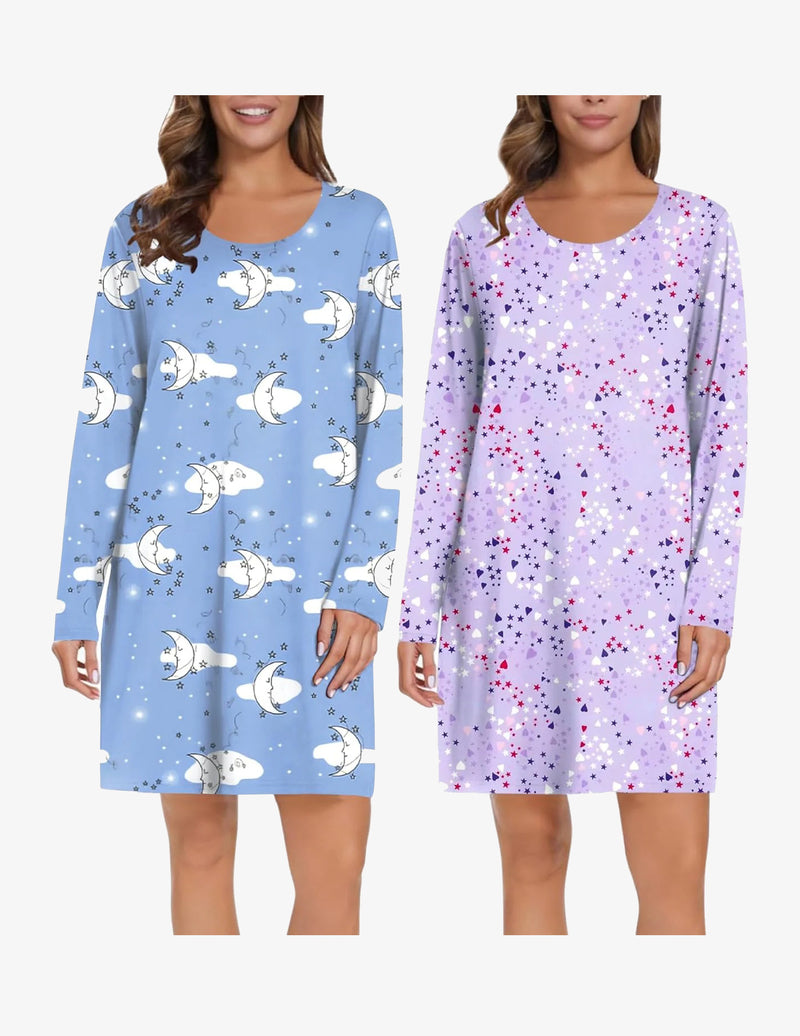 2 Pack Long Sleeve Sleep Shirts Soft Night Gowns Dress