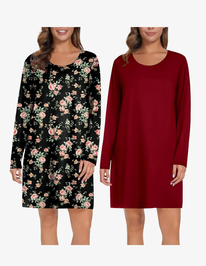 2 Pack Long Sleeve Sleep Shirts Soft Night Gowns Dress