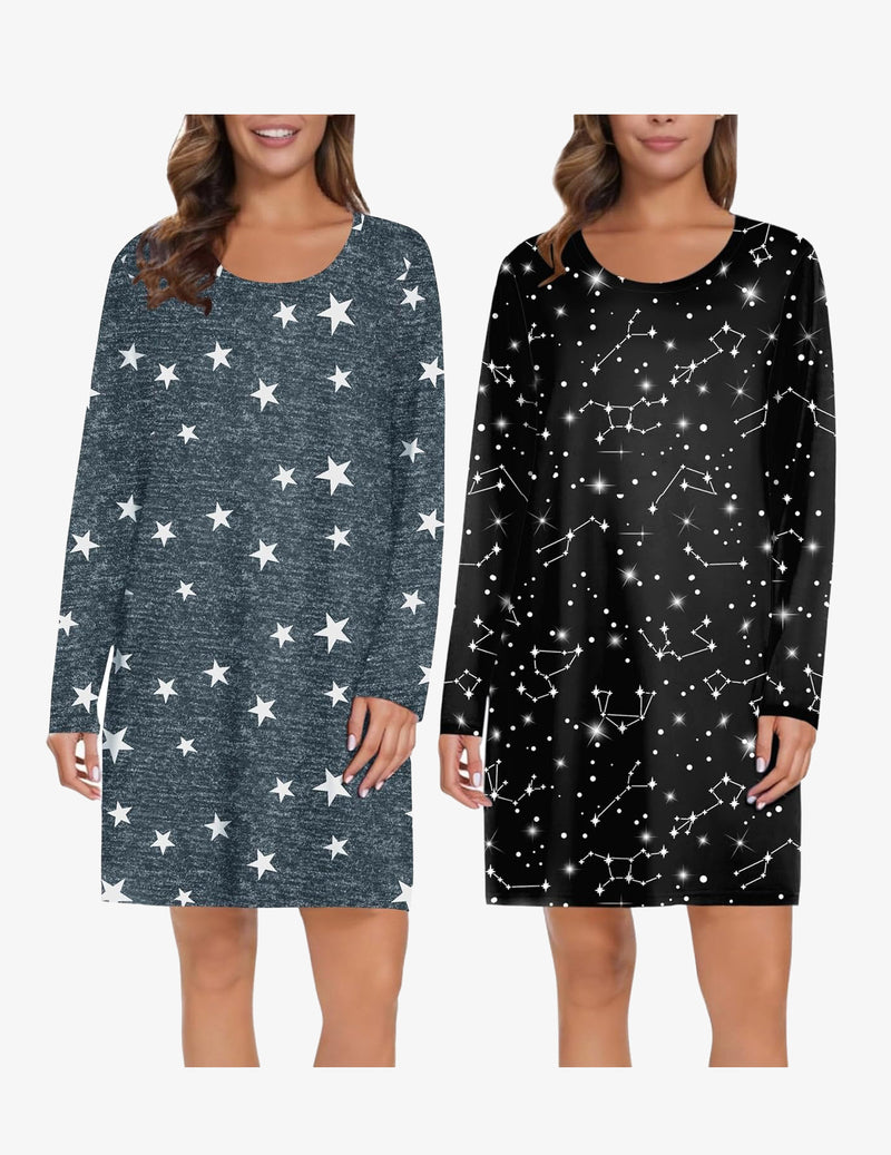 2 Pack Long Sleeve Sleep Shirts Soft Night Gowns Dress