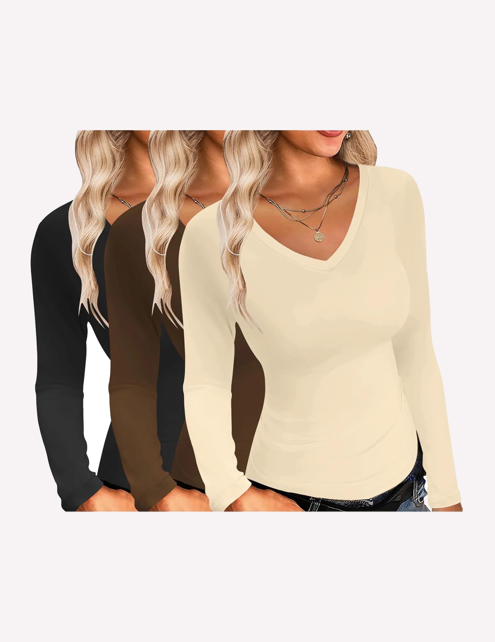3 Pack Long Sleeve Shirts V Neck Slim Fit Layer Tops