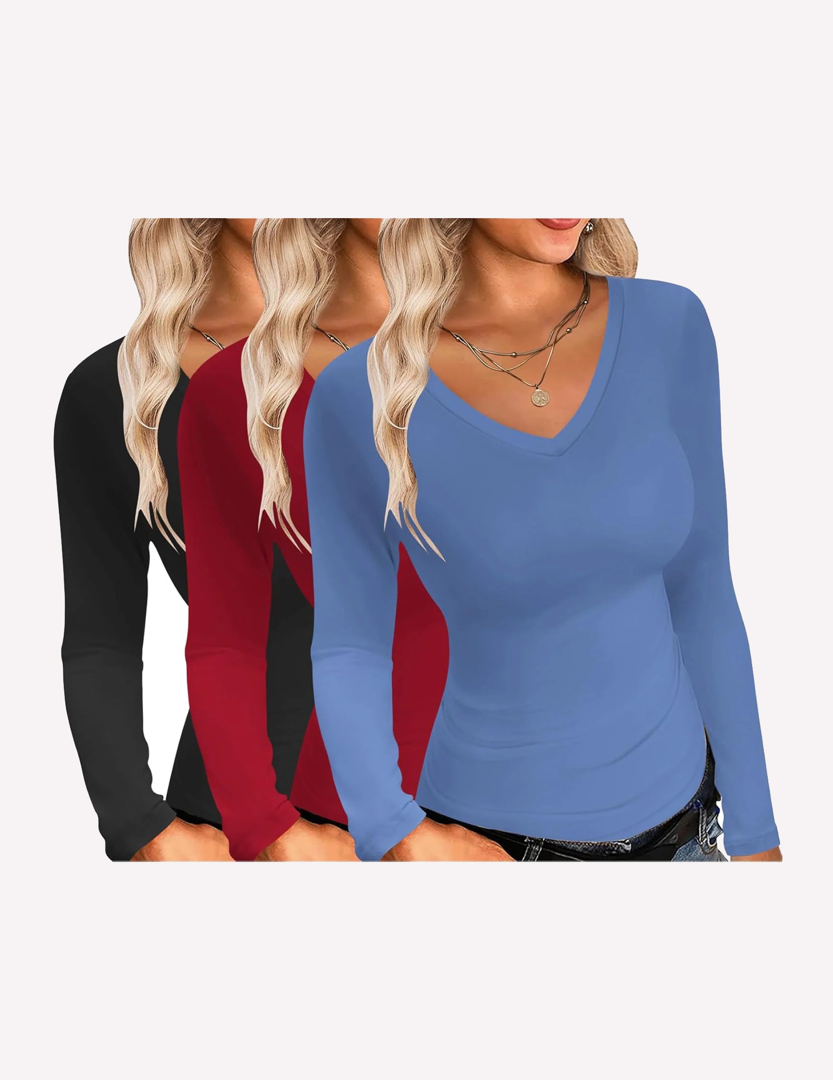 3 Pack Long Sleeve Shirts V Neck Slim Fit Layer Tops