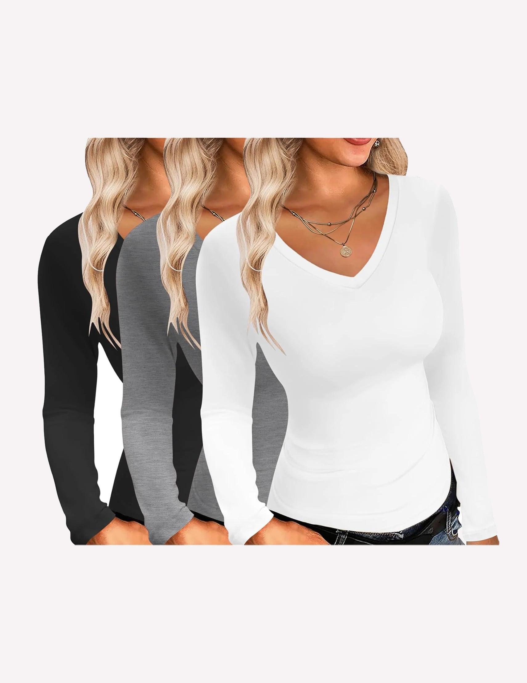 3 Pack Long Sleeve Shirts V Neck Slim Fit Layer Tops