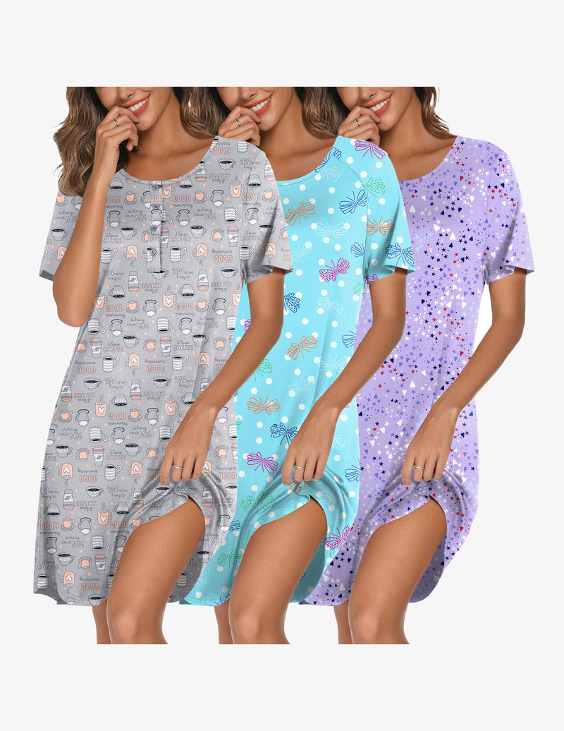 3 Pack Nightgowns Button Down Neck Nightshirt