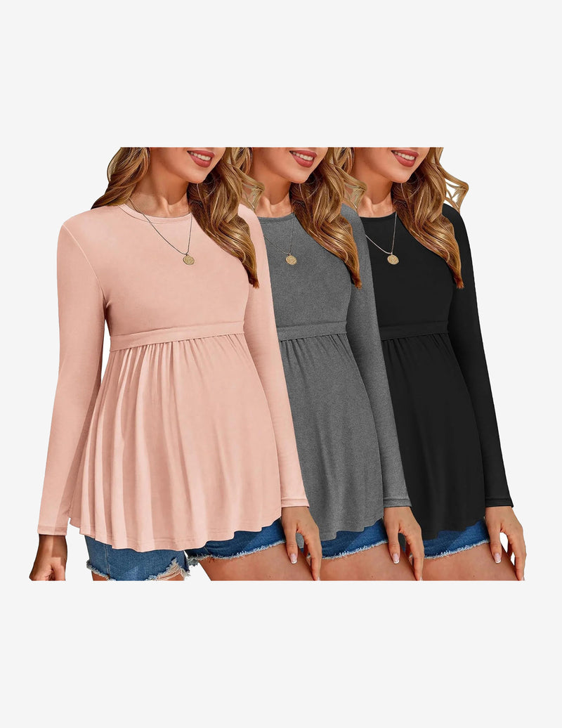 Maternity Shirts 3 Packs Pleated Long Sleeve Tops