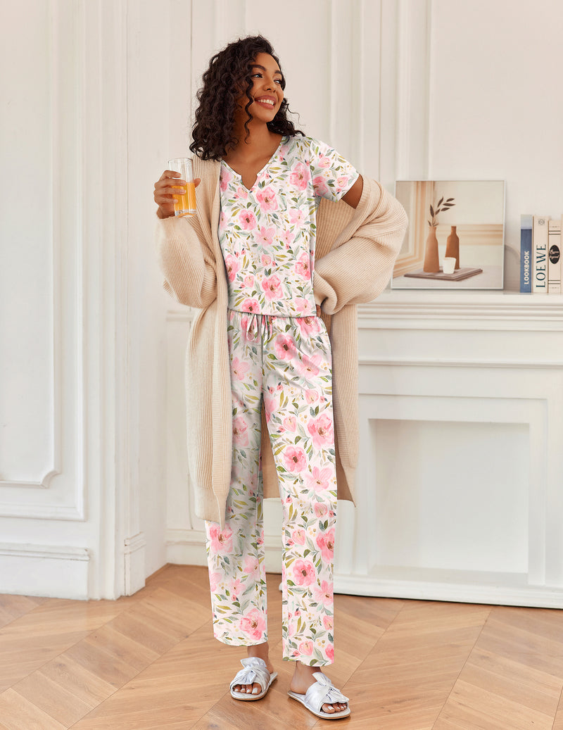 2 Piece Pajamas V Neck Short Sleeve Top and Long Pants