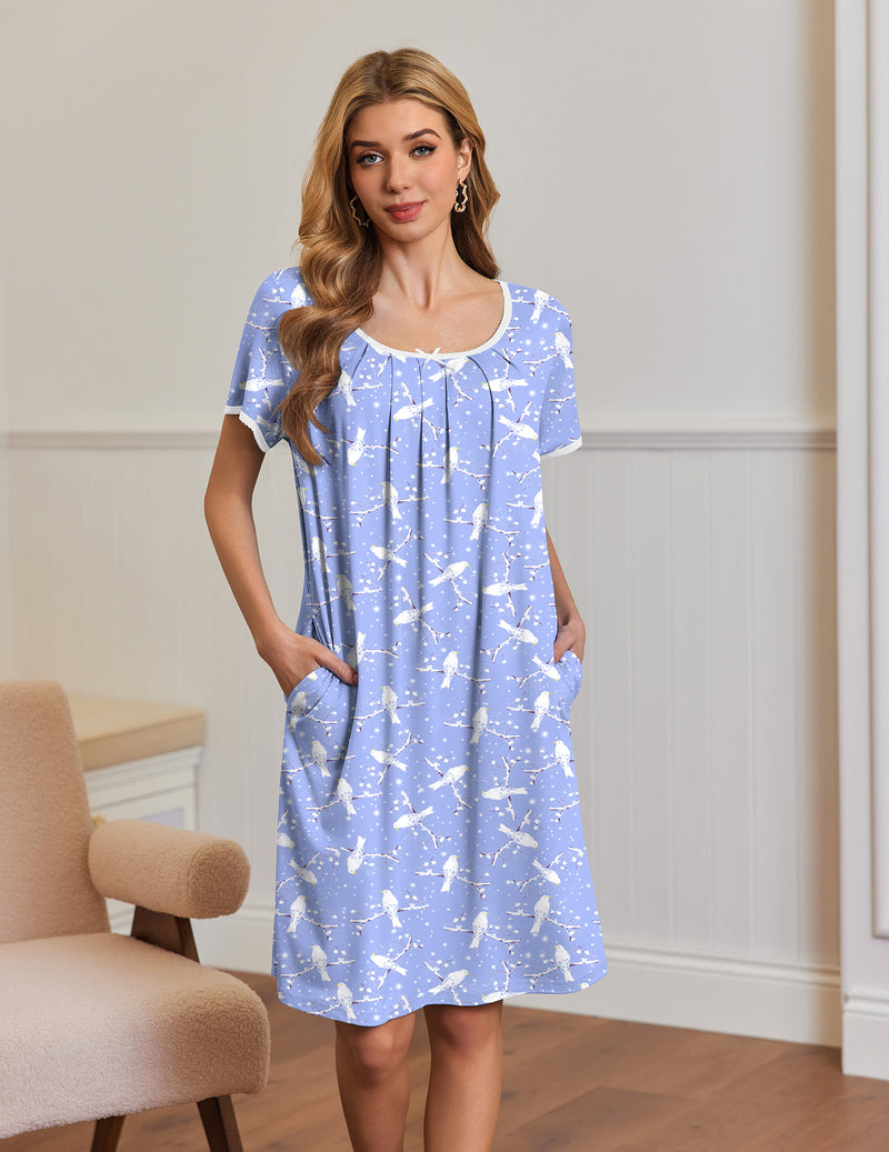 Short Sleeve House Dresses with Pockets Pleated Mumu Dress