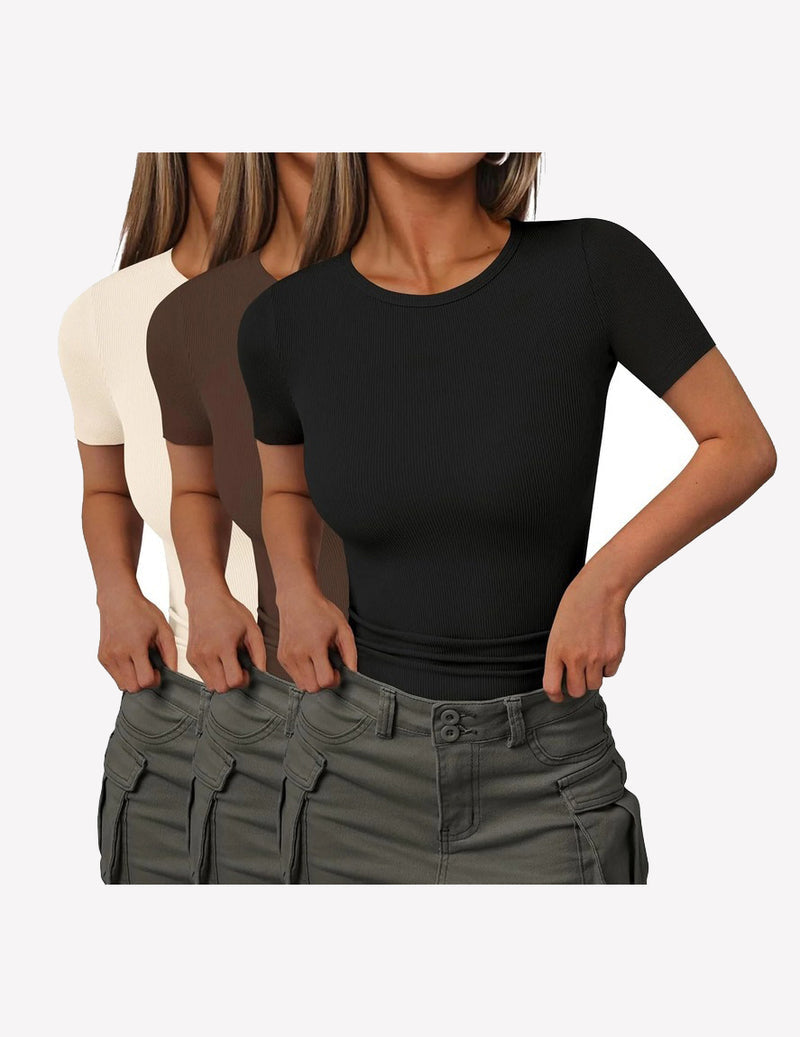 3 Packs Short Sleeve Shirts Lightweight Basic Tops Ribbed Knit Tees