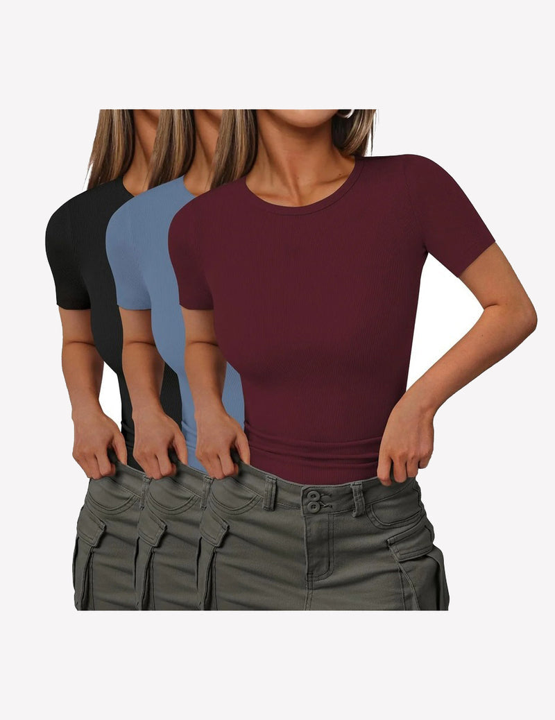 3 Packs Short Sleeve Shirts Lightweight Basic Tops Ribbed Knit Tees