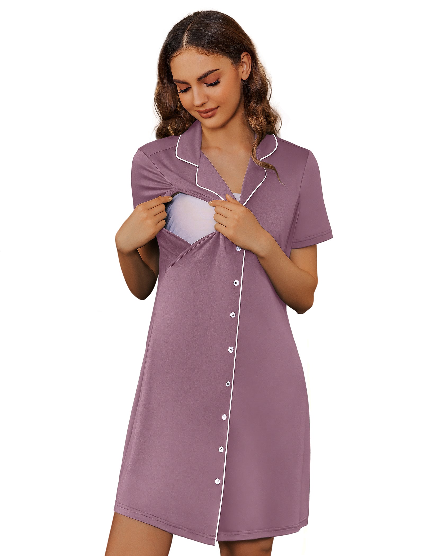 Nursing Nightgown Button Down V-Neck | Maternity Dress