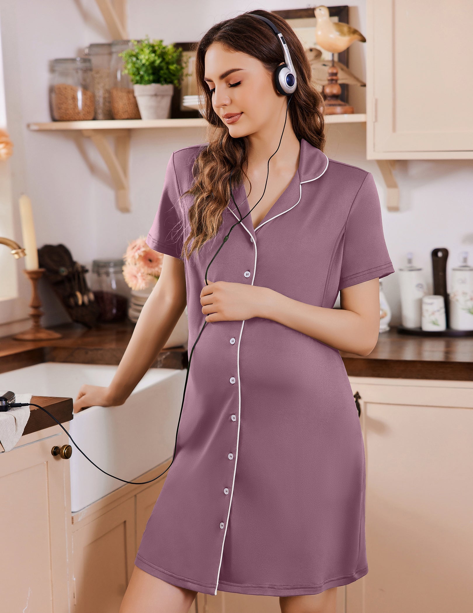 Nursing Nightgown Button Down V-Neck | Maternity Dress