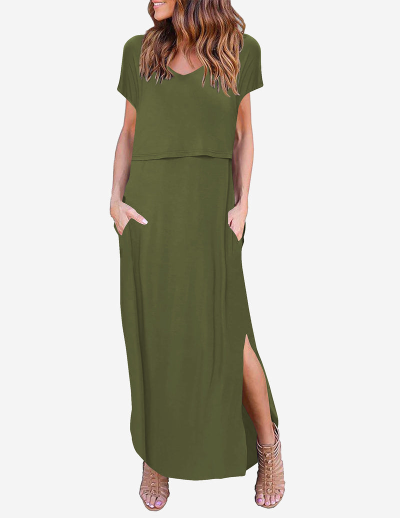 V Neck Short Sleeve Maternity Split Long Dresses