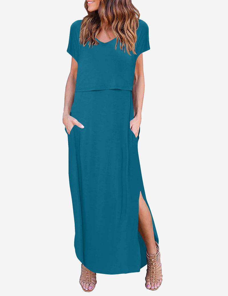 V Neck Short Sleeve Maternity Split Long Dresses