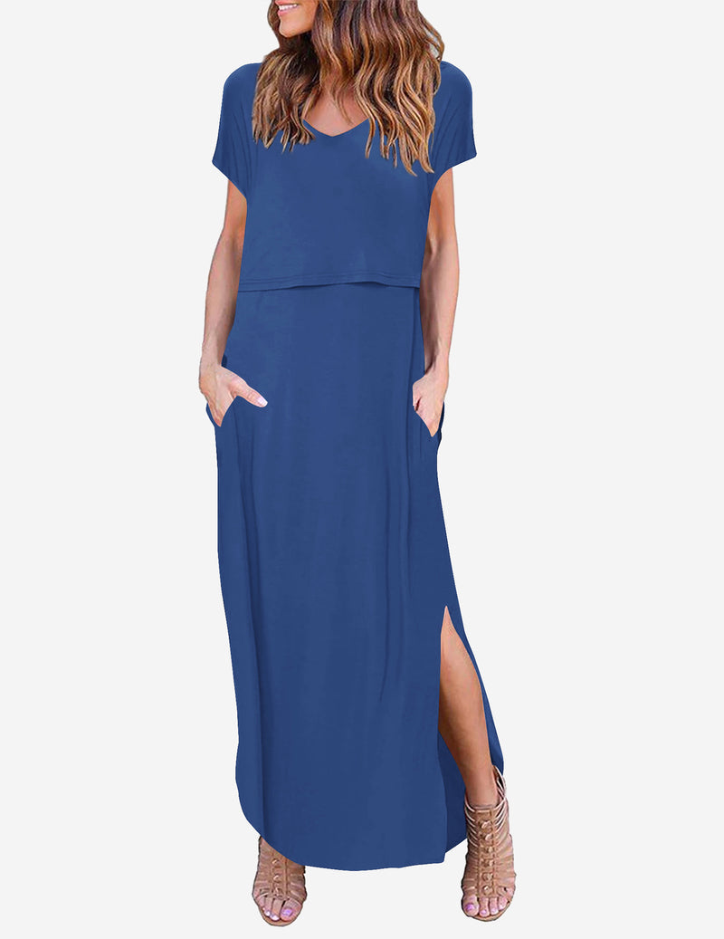 V Neck Short Sleeve Maternity Split Long Dresses
