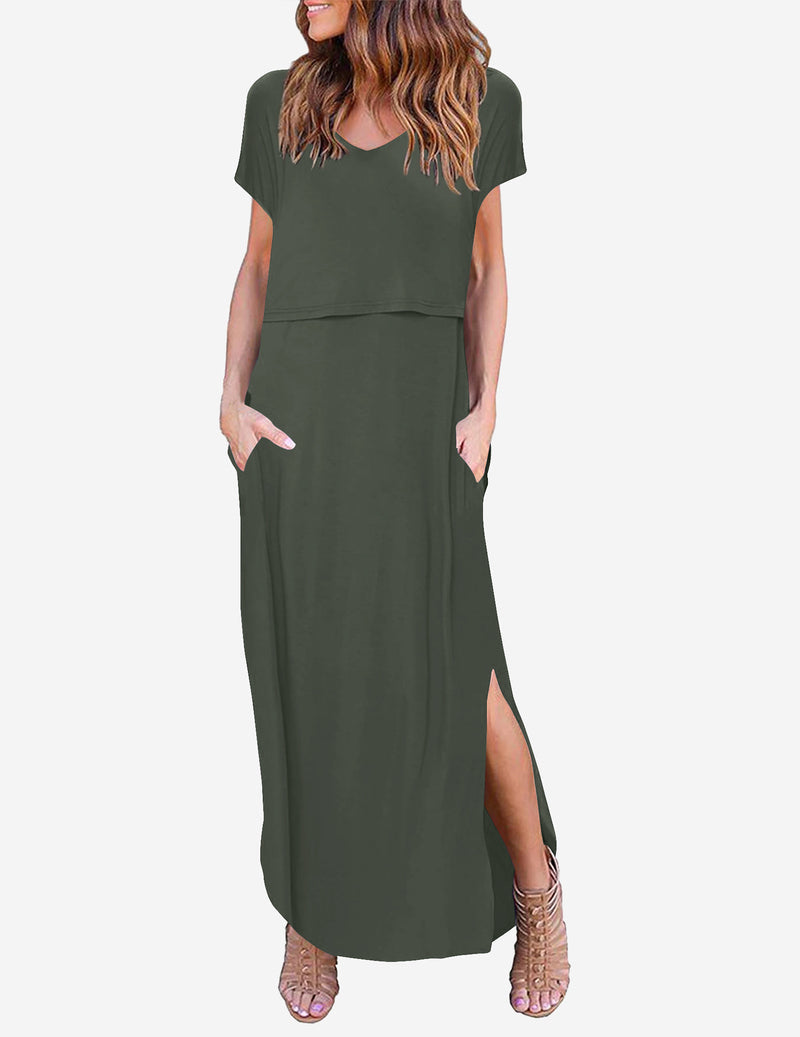V Neck Short Sleeve Maternity Split Long Dresses