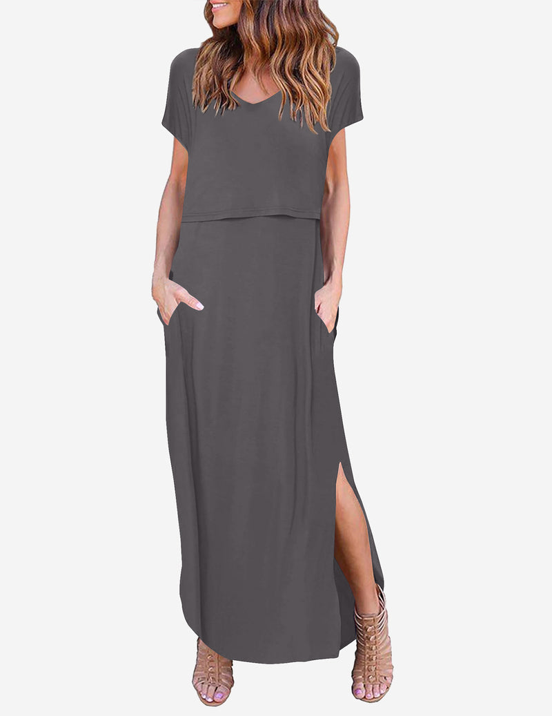 V Neck Short Sleeve Maternity Split Long Dresses