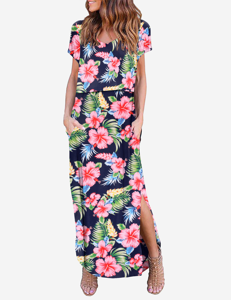 V Neck Short Sleeve Maternity Split Long Dresses