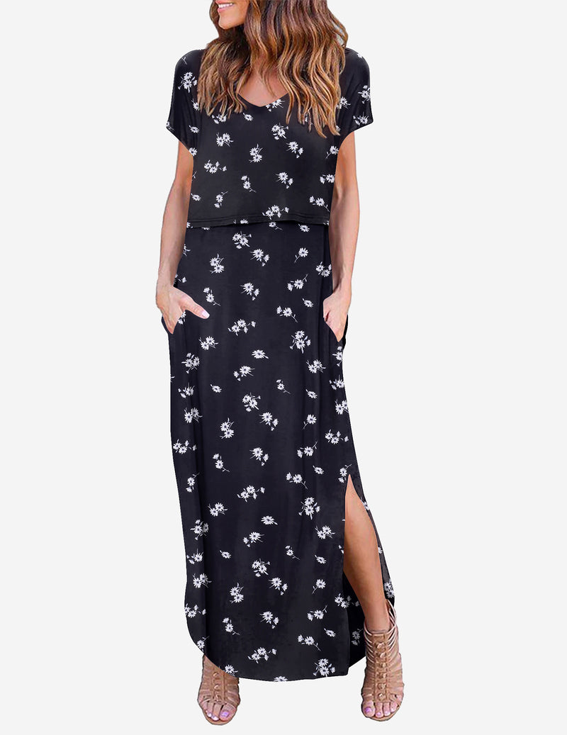 V Neck Short Sleeve Maternity Split Long Dresses