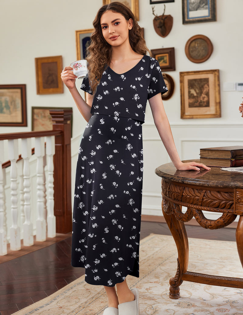V Neck Short Sleeve Maternity Split Long Dresses