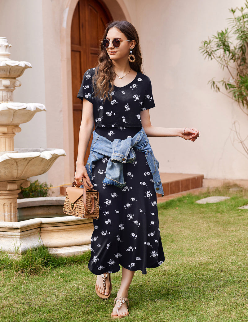 V Neck Short Sleeve Maternity Split Long Dresses