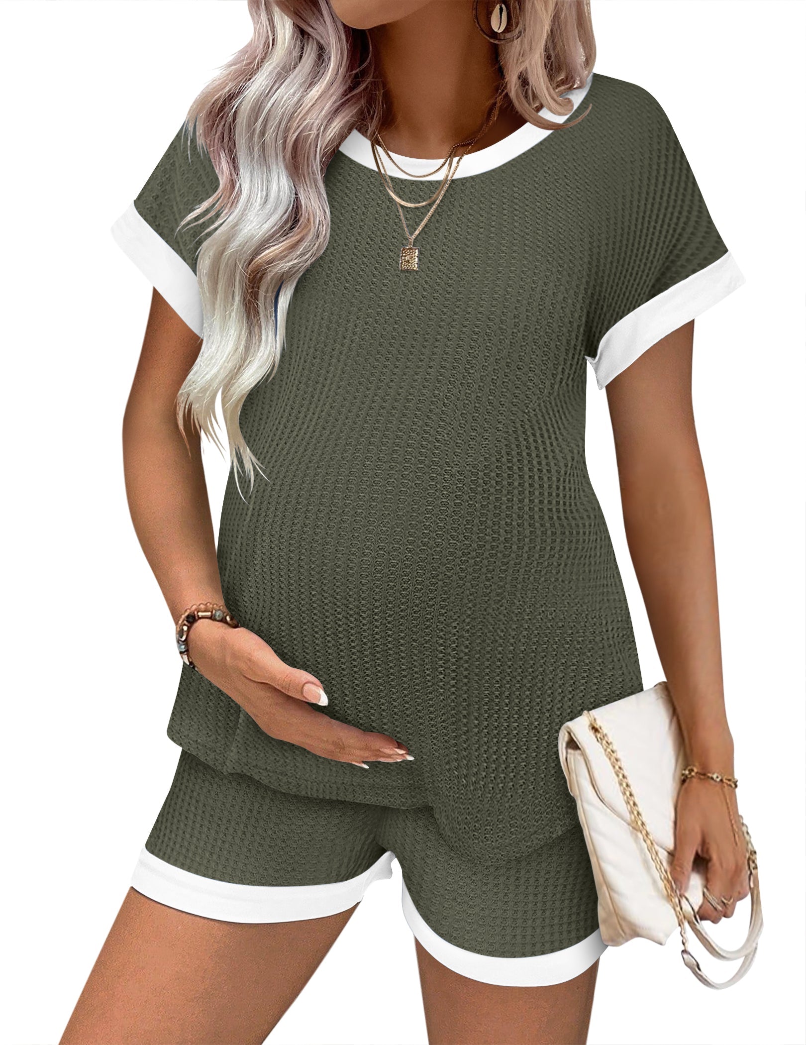 Maternity Pajamas Set Waffle Knit Short Sleeve Top & Shorts