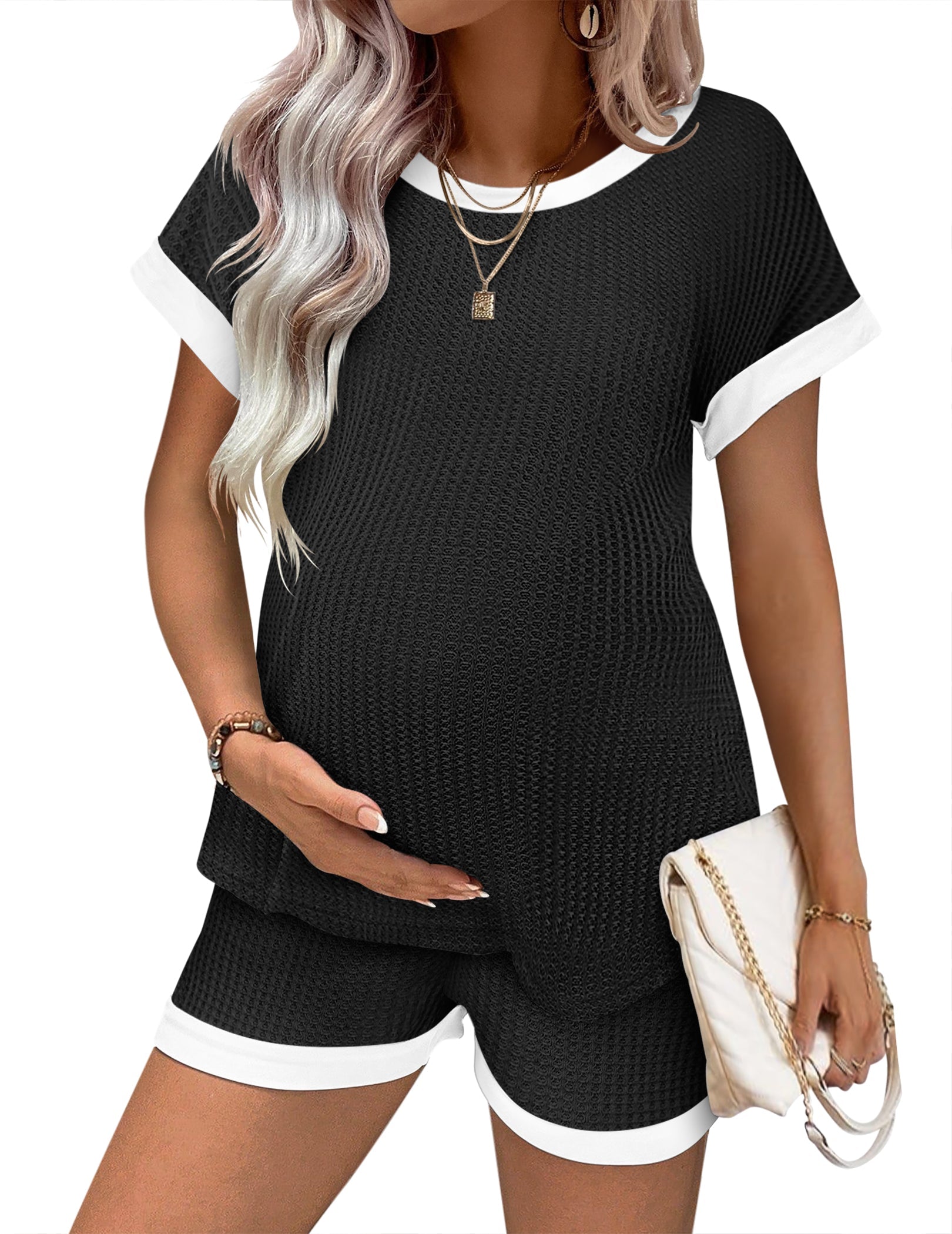 Maternity Pajamas Set Waffle Knit Short Sleeve Top & Shorts