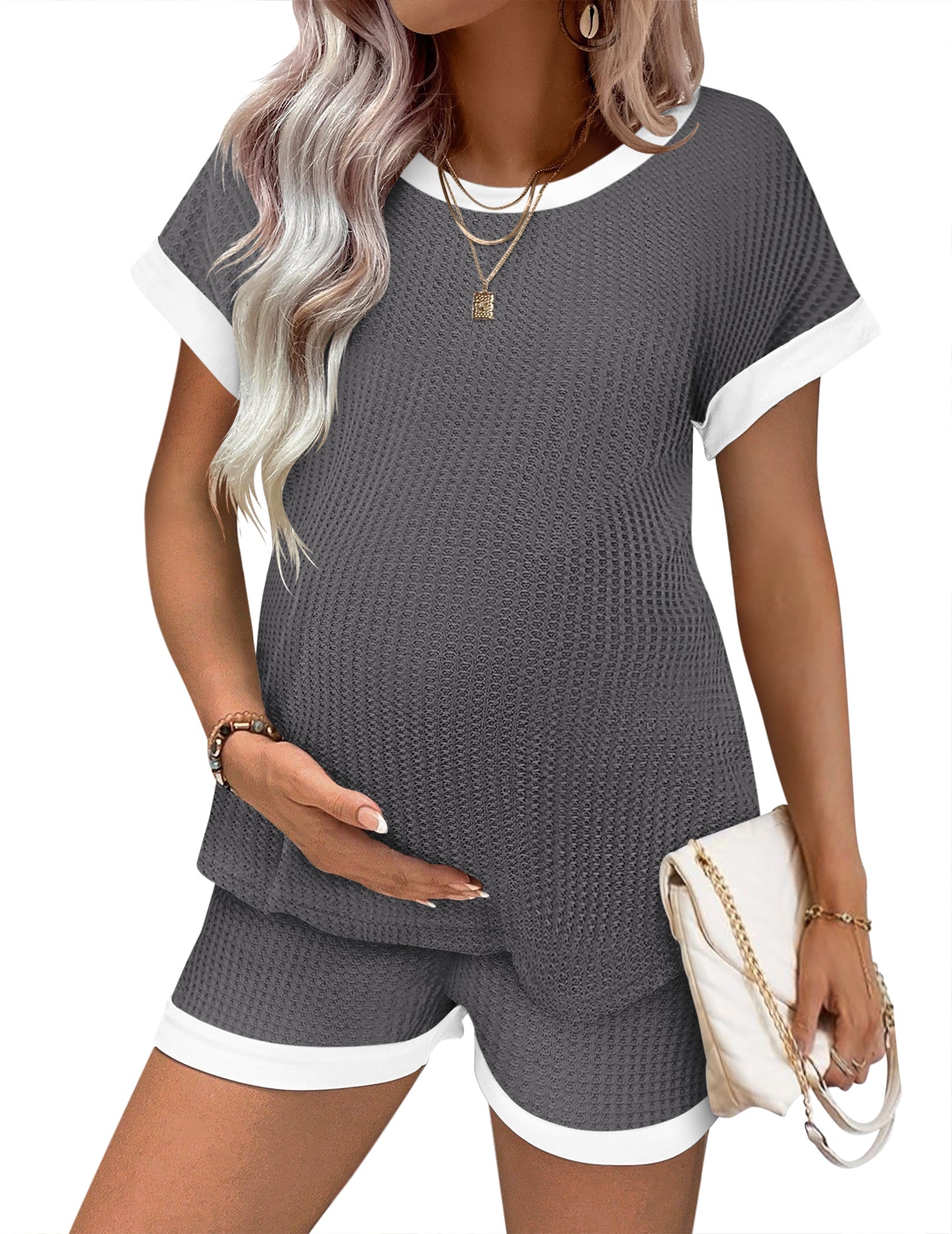 Maternity Pajamas Set Waffle Knit Short Sleeve Top & Shorts