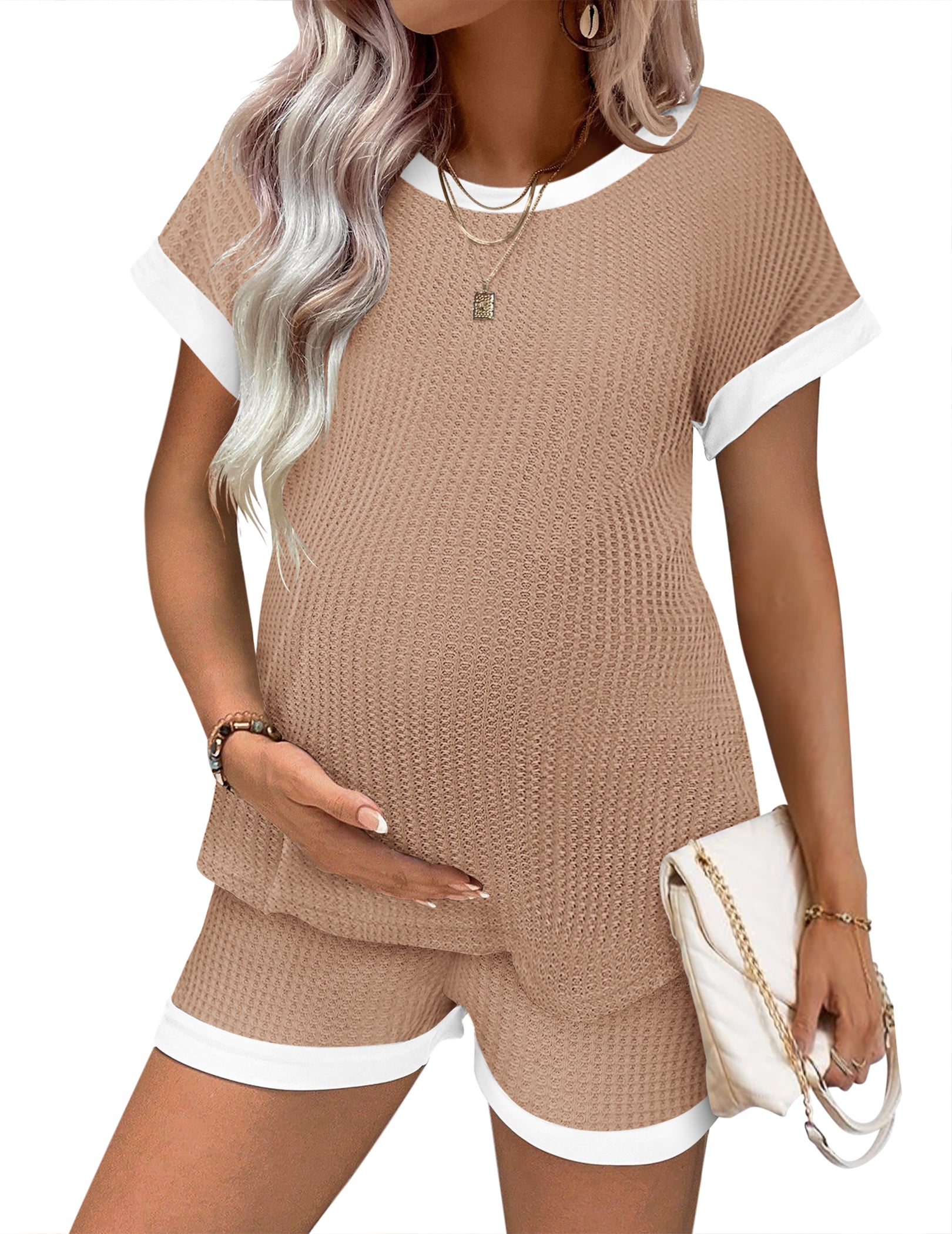 Maternity Pajamas Set Waffle Knit Short Sleeve Top & Shorts